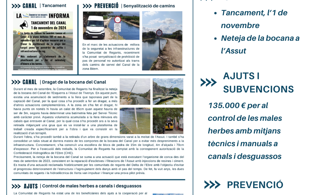 Butlletí informatiu de la Comunitat de Regants. Setembre de 2024