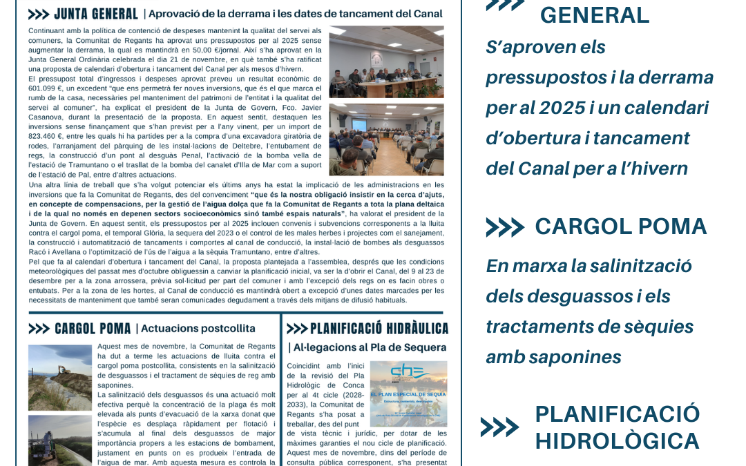 Butlletí informatiu de la Comunitat de Regants. Novembre de 2024