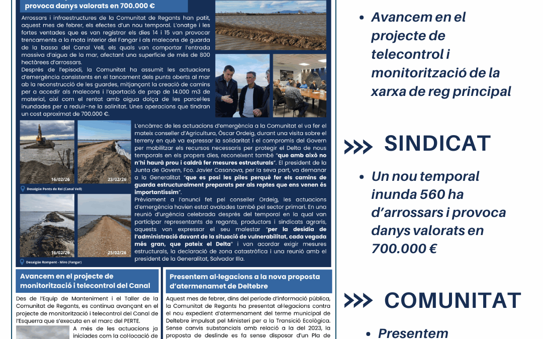 Butlletí informatiu de la Comunitat de Regants. Febrer 2026